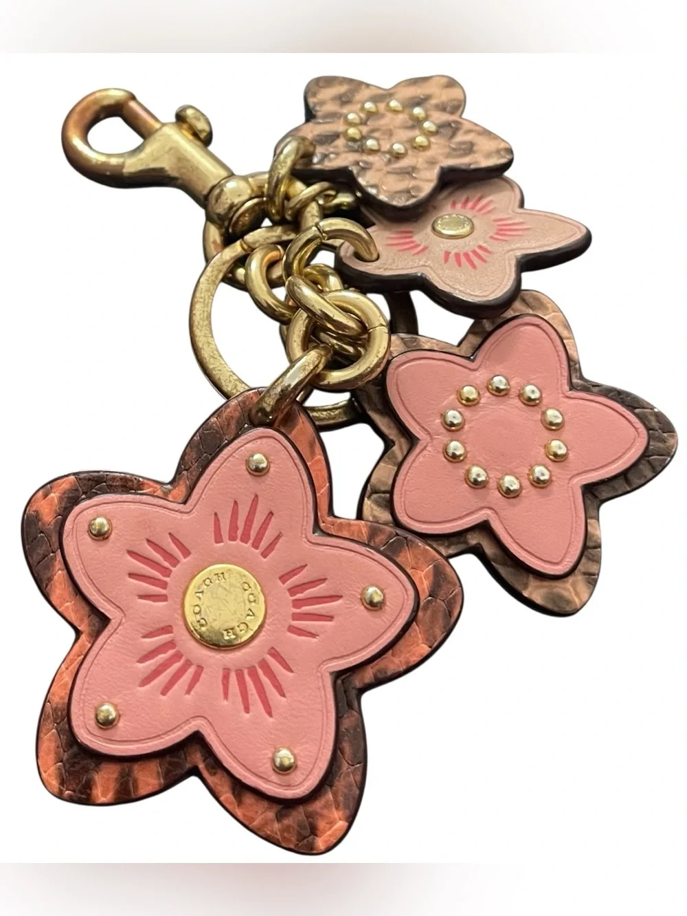 Coach Pink & Metallic Floral Leather Keychain Charm